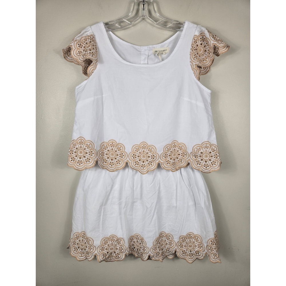 Happily Grey Womens White Tan Floral Eyelet Embroidery 2 Piece Skirt Set Medium - Picture 2 of 11